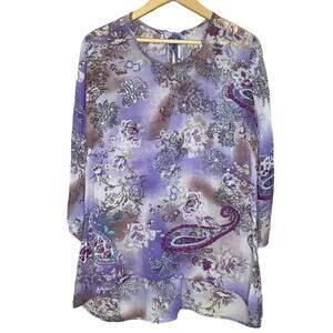 Soft Surroundings Purple Multicolor Floral Sequin Accents Boho Tunic Blouse Med